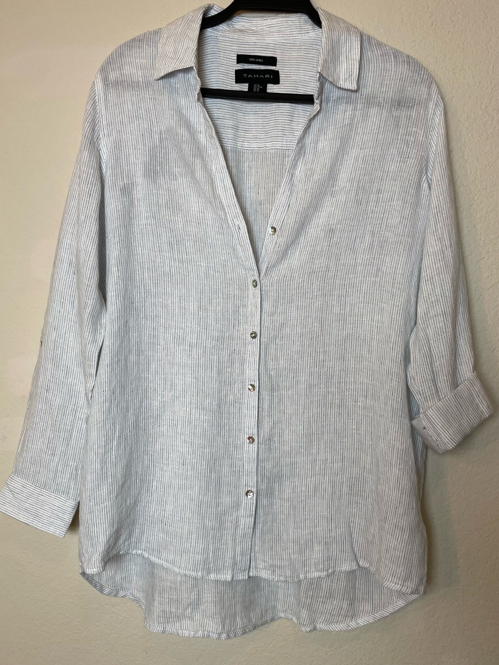 100% Linen Tahari White Shirt with Thin Navy Pinstripes